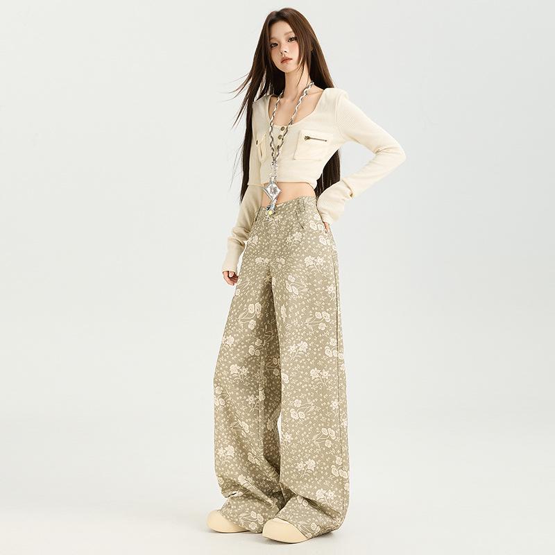 Women's 2025 Autumn Floral Wide-Leg Jeans - Loose, Draped, Lazy Style, Straight Leg