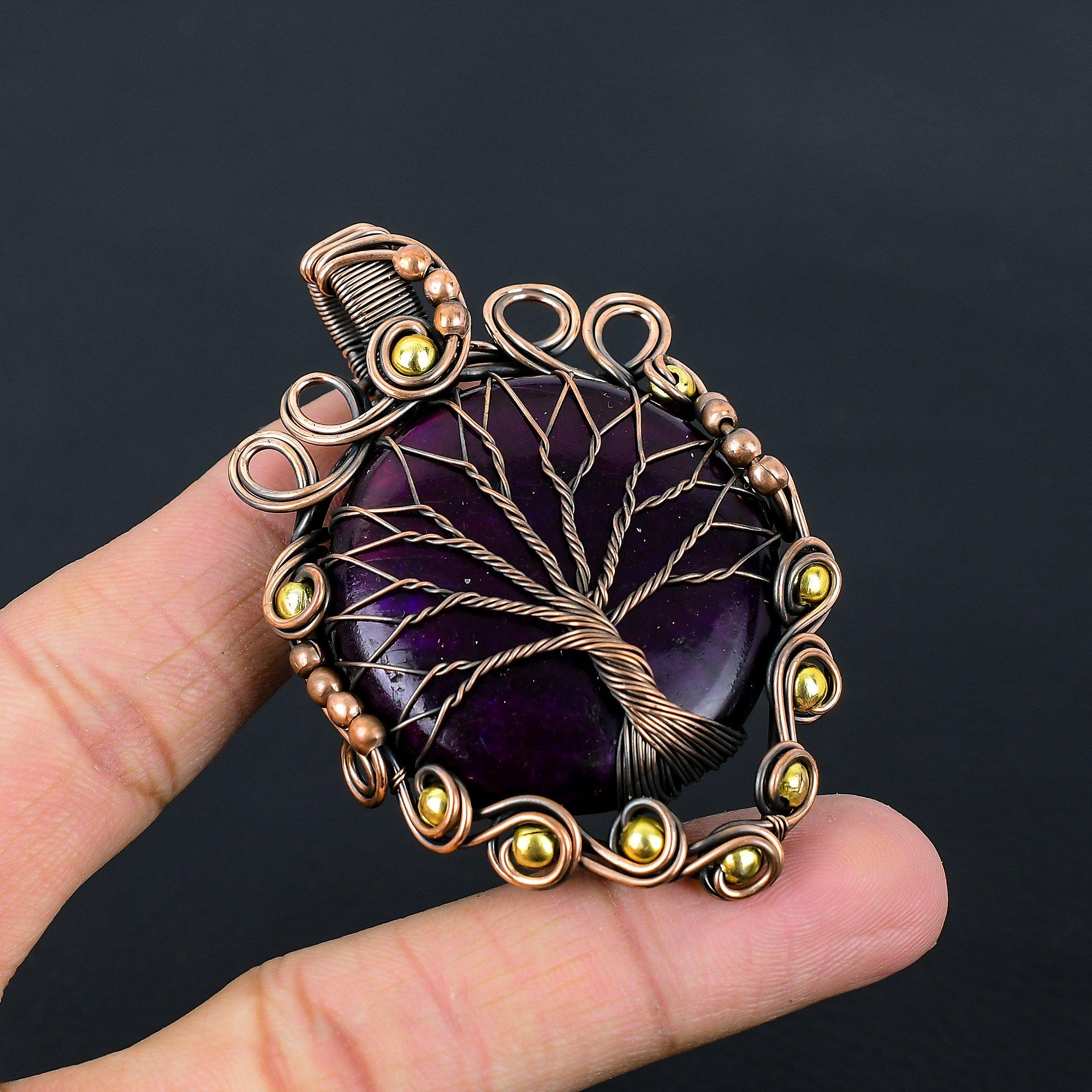 

Древо жизни фиолетовый флэш-лабрадорит драгоценный камень ручной работы медная проволока обертка ювелирный кулон для женщин 2.83 Inches фиолетовый