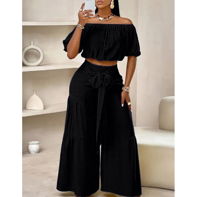 Women's Casual Short Sleeve Top + Wide Leg Pants Suit Fashion Streetwear Tie Up Commuter Outfit Summer Solid Loose Two Piece
