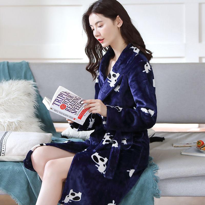 Women's Robe In The Long Section Thickened Nightgown Printed Long-sleeved Leisure Bathrobe