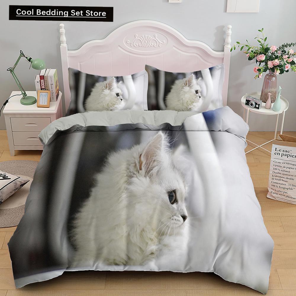 White Cat King Queen Duvet Cover Kawaii Pet Kitty Bedding Set for Kids Teens Adults Family Animal 2/3pcs Polyester Quilt Cover