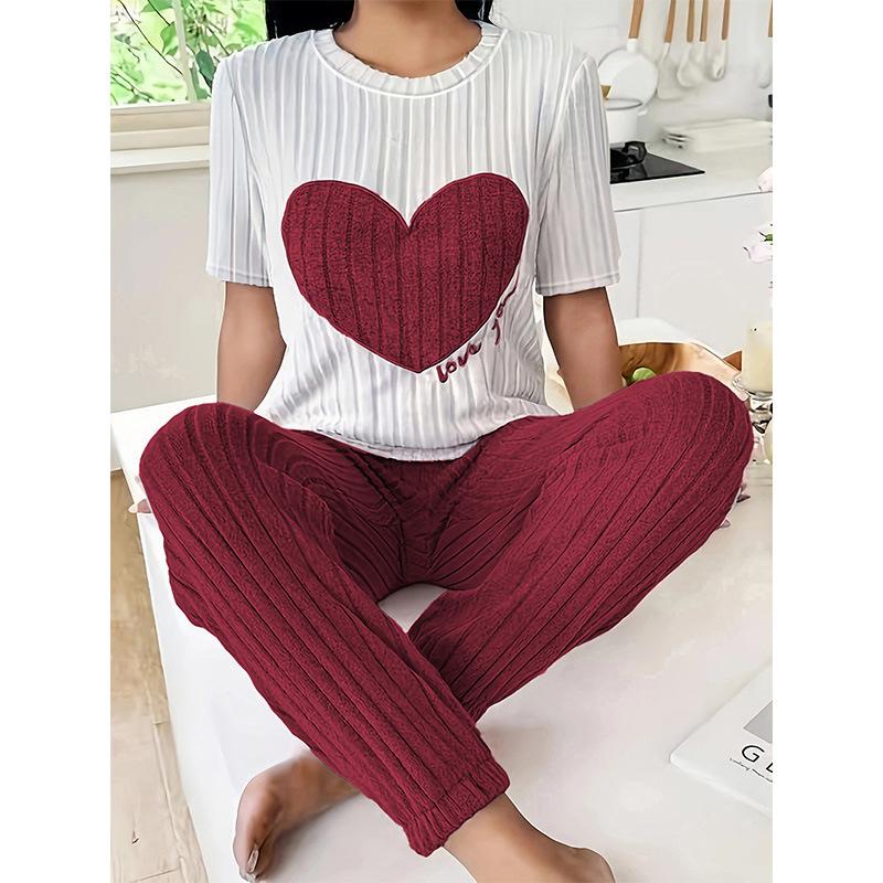 spring summer Women Sleepwear short Sleeve heart Tops and Long Pants pyjamas 2 Piece Set Pajamas Set Casual Homewear Loungewear