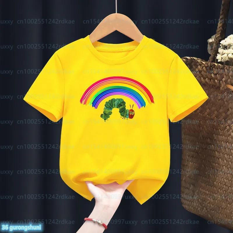 Newly Kids T-Shirt Funny The Very Hungry Caterpillar Cartoon Print Tshirts For Boys Summer Cute Boys/Girls Yellow Tshirt Top