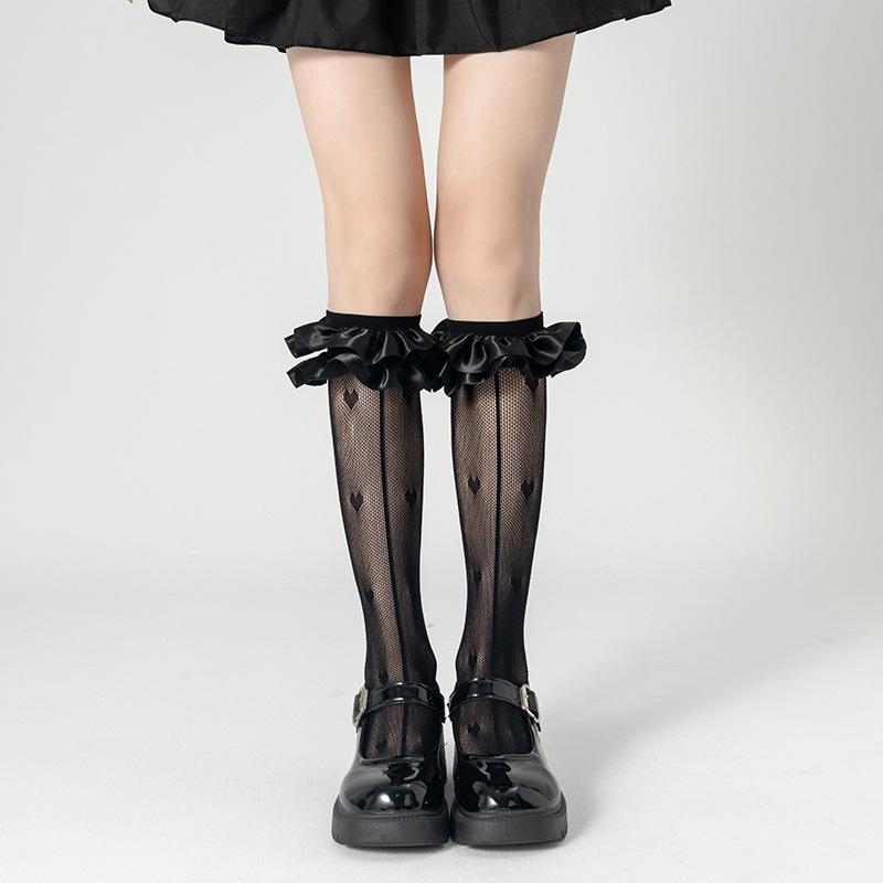 

Женские весенне-летние тонкие милые носки до икры в сетку в балетном стиле с кружевом и полосками «Сладкая любовь» 1 pair чёрный