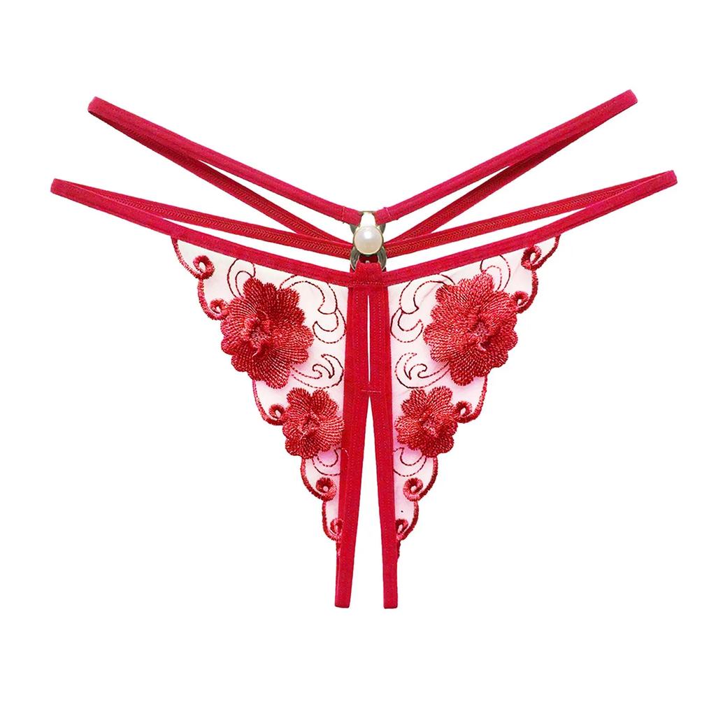 Lace Sexy Thong Ladies Cross Belt Ultra Thin Hollow Temptation Panties Open Crotch Pearl Cutout Thong