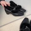 Retro Square Head Fur Slip-On Shoes Metal Buckle One-Strap Lightweight Mary Jane Shoes for Women