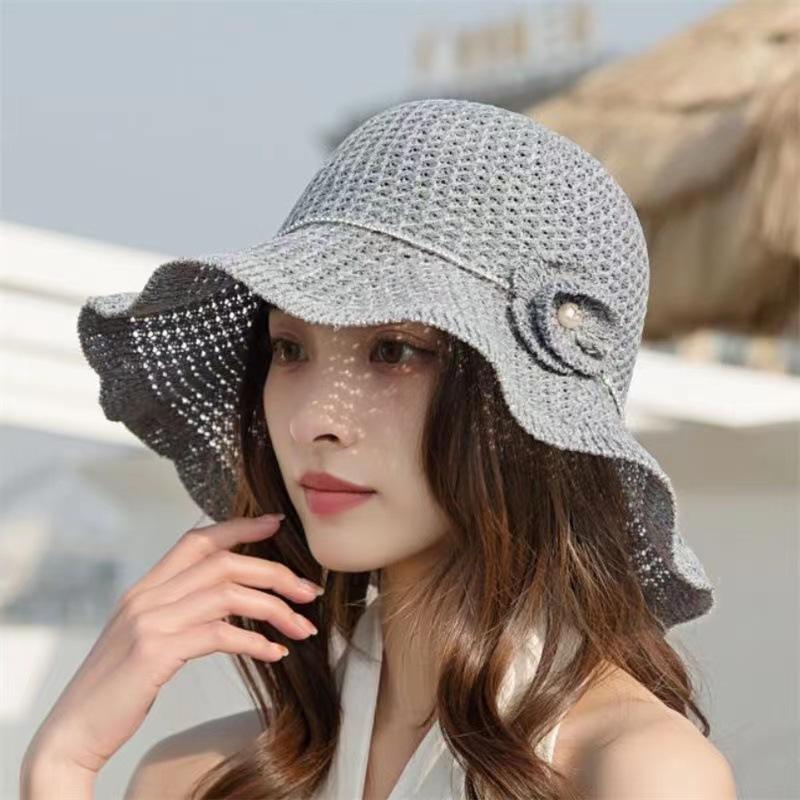 Black Hat Spring Summer Hat Korean Foldable Beach Straw Flower Leisure Sun Protuction Fisherman Bucket Hat for Women Panama Caps