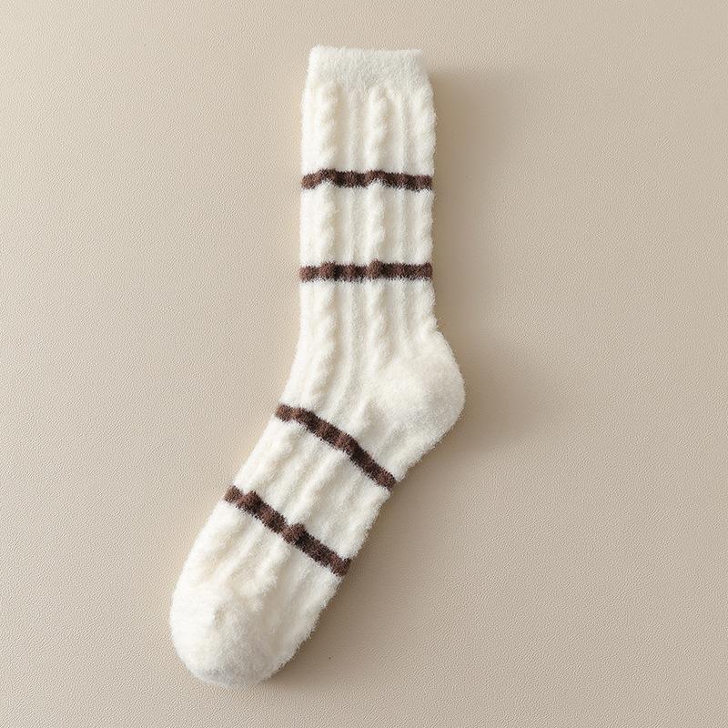 Female Autumn and Winter Thickened Soft Waxy Warm Stripe Home Sleep Tube Socks