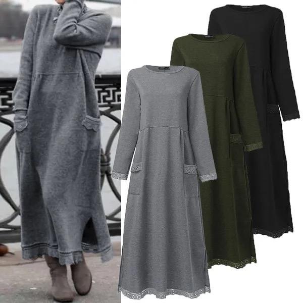 Yeni Sonbahar ve Kış Gevşek Uzun Etek Artı Kadife Sweatshirt Günlük Elbise Kadın Moda Düz O Yaka Uzun Kollu Tatil Elbisesi