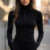 Ribbed Mock Neck Long Sleeve Top with Zipper Detail