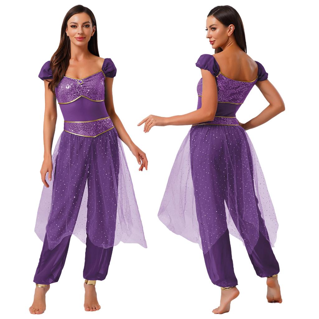 Dam Arabisk Prinsessdräkt Kontrastfärg Ädelstensdekor Paljettprydd Tyllöverdel Ärmlös Jumpsuit Magdans Romper