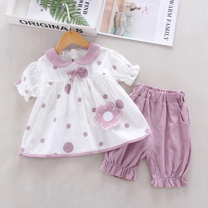 

Trendy Summer Dress Set For Little Girls Made From Soft Cotton Fabric For Ages 1-4 Lavender Floral Set,90cm/35.43in