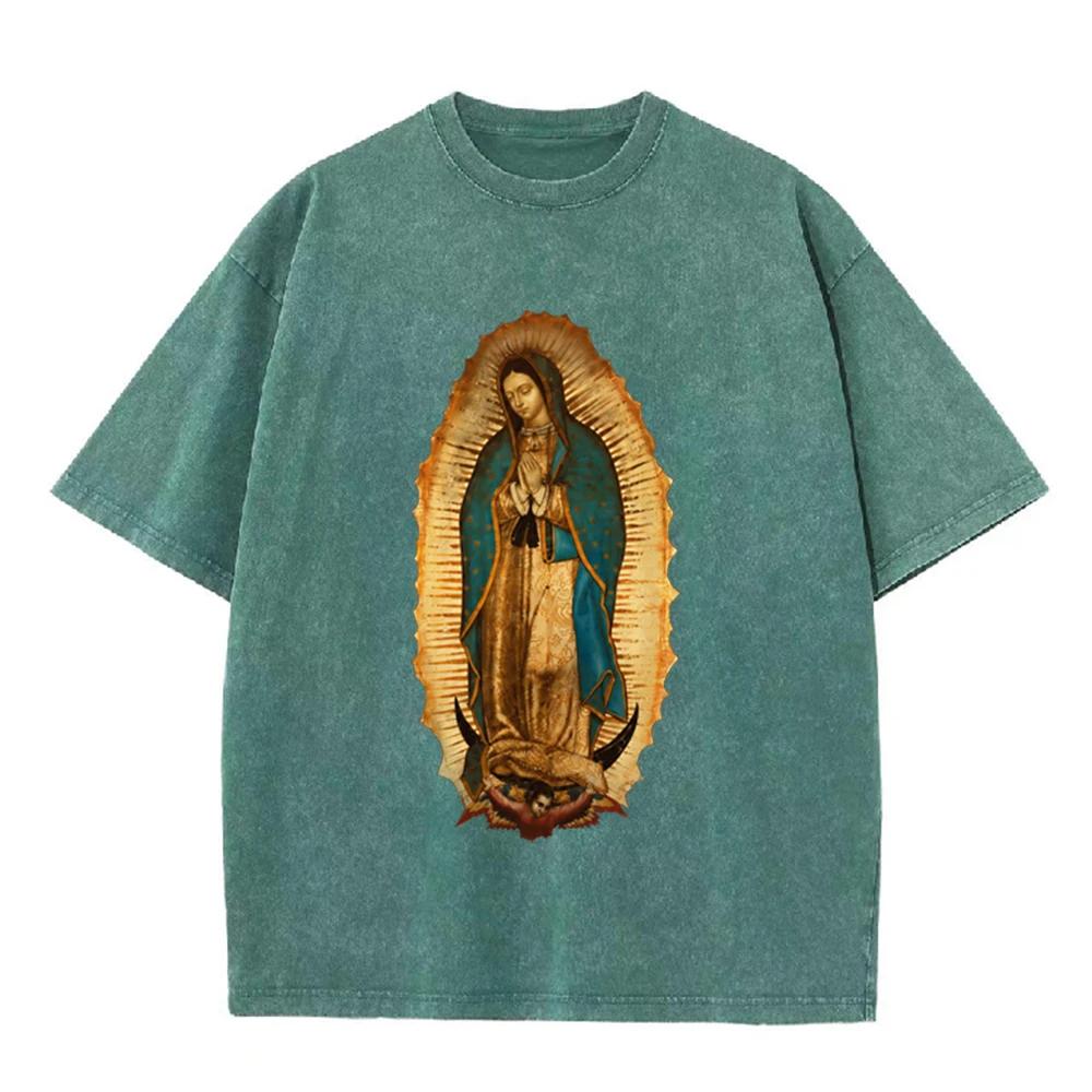 2026 Vintage Washed Black Our Lady Of Guadalupe Graphic T Shirt Retro Religious Portrait Oversized Casual Short Sleeve Tee