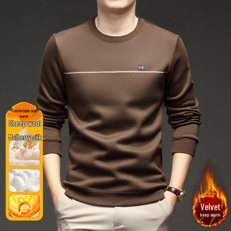 Men's Fleece-Lined Round Neck Long Sleeve Warm Wool T-Shirt