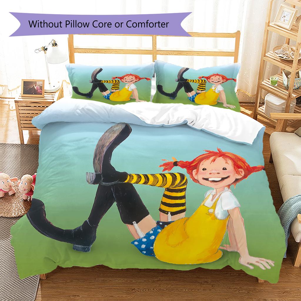 Pippi Longstocking Pattern Bedding,Quilt Set Quilt Cover Pillowcase Home Birthday Gift (1 * Duvet Cover + 2 * Pillowcase, Without Core)