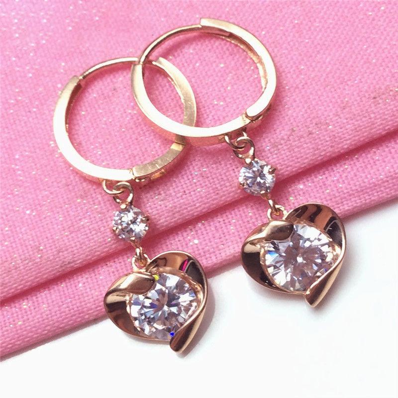 Exquisite Russian 585 Purple Gold Shiny Peach Heart Zircon Ear Buckle Fashionable Rose Gold-Plated Versatile Love Earrings