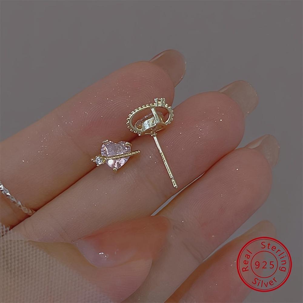Mini Delicate 925 Silver Hypoallergenic Stud Earrings With Heart Planet Design Zircon Inlaid Pretty Valentine's Day