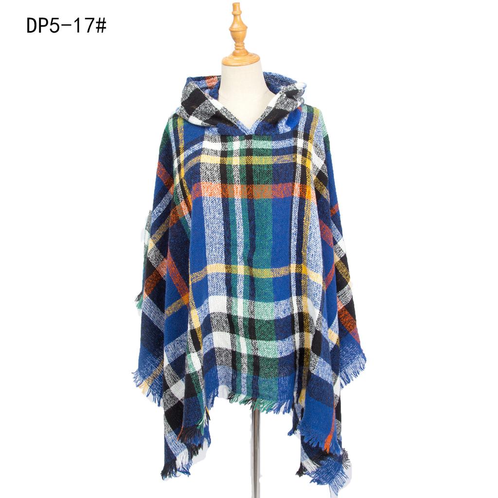 Women's Plaid Hooded Cape Ponchos Sweater Knitted Versatile Lightweight Warm Shawl Wrap Scarf Cape Poncho Pullover Cardigan Wrap Sweaters for Women