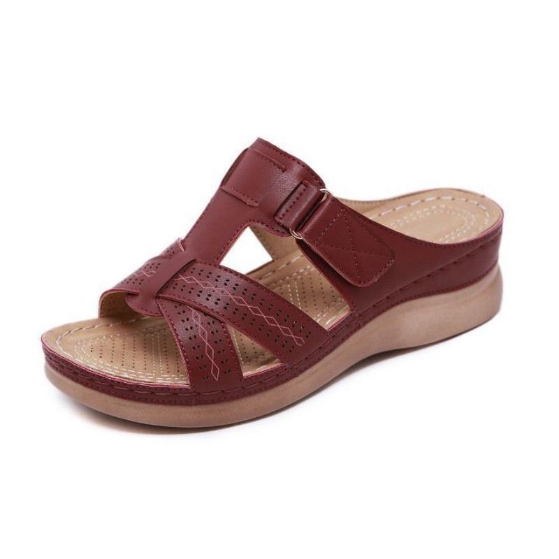 Damenschuhe Sommer Neu Ein-Riemen Hohl Fischmaul Keilabsatz Klettverschluss Coole Hausschuhe Damen Große Größe Damenschuhe