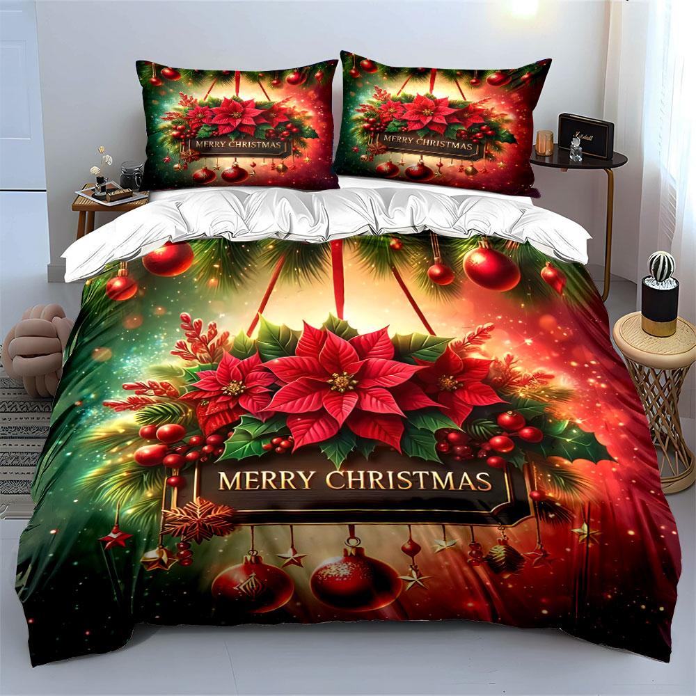 Christmas Poinsettia Decor Set Bedding Duvet Cover Set Duvet Cover Pillowcases  (1*Duvet Cover 2*Pillowcases, Without Duvet Insert)