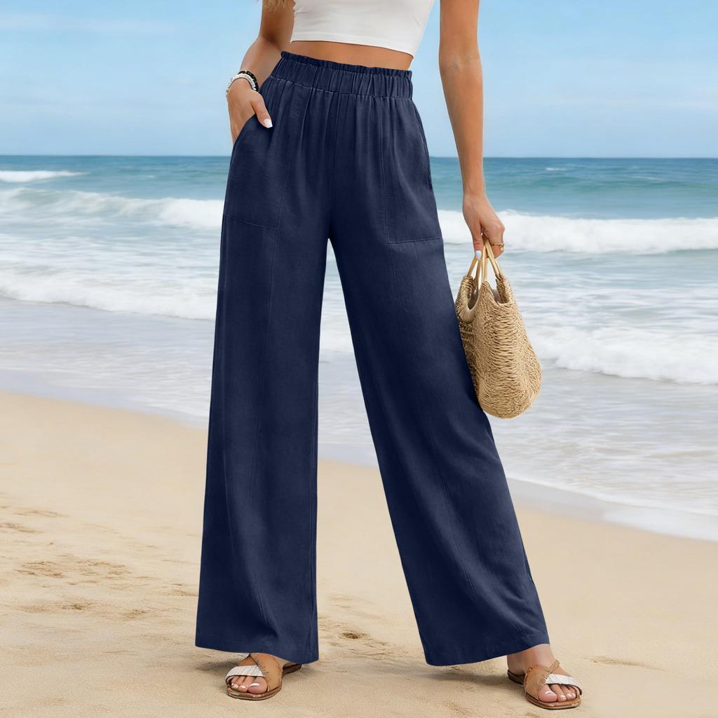 Women's Cotton Linen Pants Summer Wide Leg Casual Loose Drawstring High Waist Palazzo Pants Trousers With Pockets