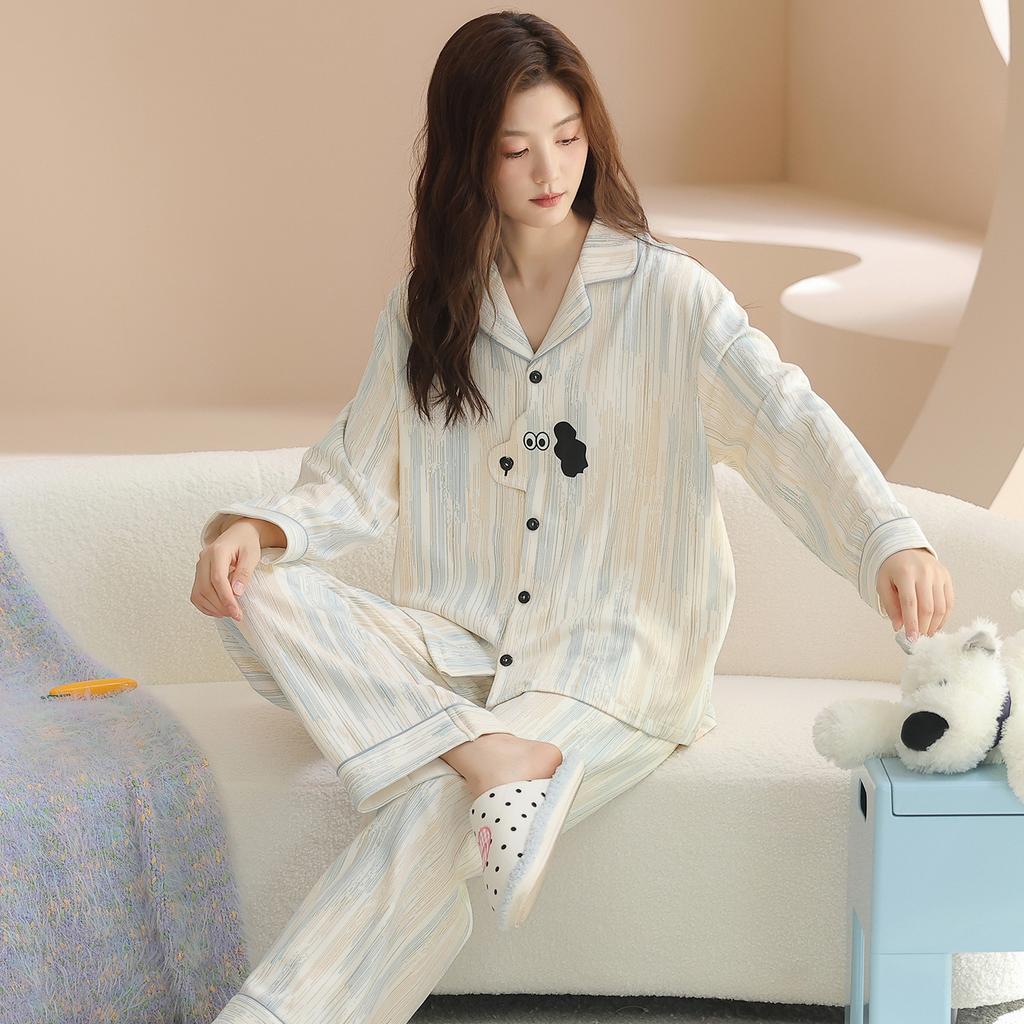 New long-sleeved trousers pure cotton couple pajamas can be worn outside cartoon loose casual men and women pajamas set cotton