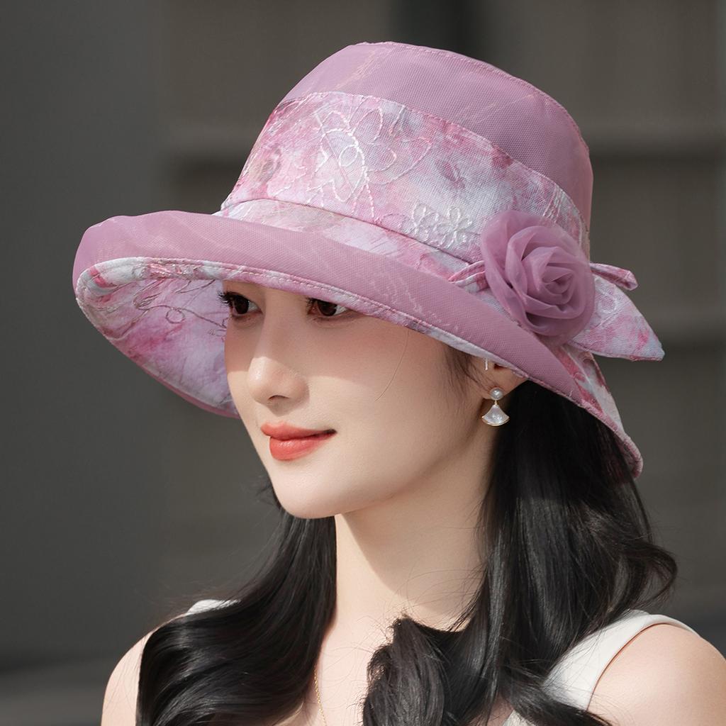 Top Hat Summer Basin Hat Women's Fashion Sun Hat Elegant Versatile Sun Protection Thin Big Eaves Flower Bucket Hat