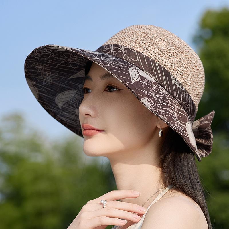 Chapéu florido retro novo de primavera e verão para mulheres, aba grande, laço, viseira de proteção solar, chapéu de praia para férias na beira-mar