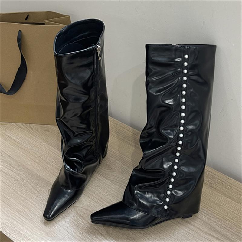 

Eilyken Fashion Autumn Winter Pointed Toe Women Knee-High Boots Street Style Cosy Soft Leather Wedges High Heels Zipper Shoes 35 чёрный