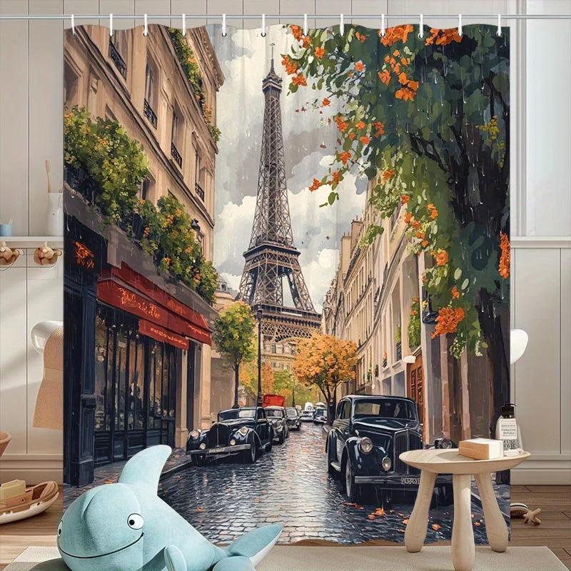 Autumn Paris Shower Curtain: Eiffel Tower, vintage cars, red-awned buildings, fall foliage, 12 hooks, washable, polyester