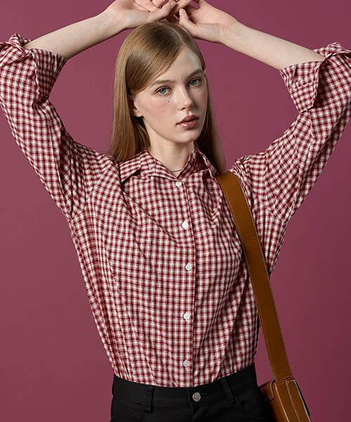 KOLEAT Daily Brushed Fleece Classic Oversized Gingham Check Shirt [Red] Long Sleeve T-Shirt Ver.