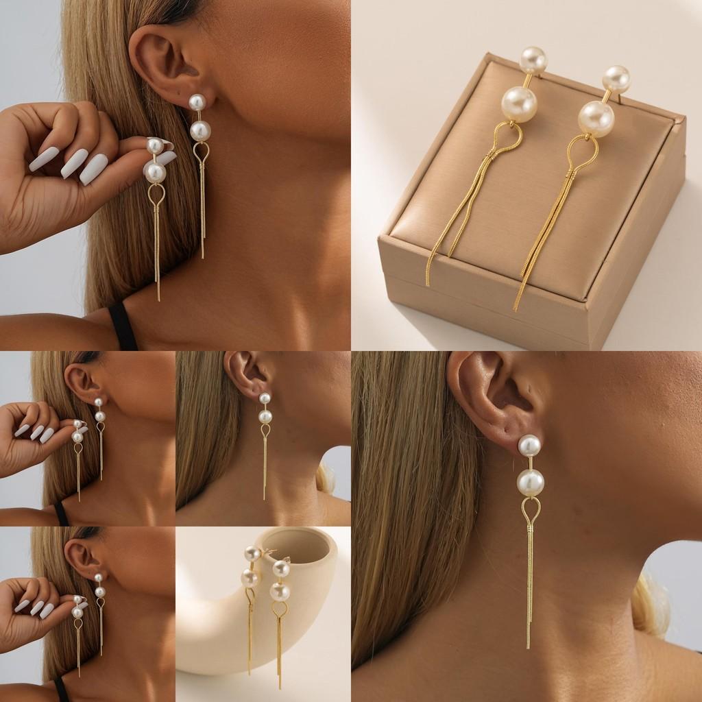 Long Chain Faux Pearl Earrings For Women Gold Plated Geometric Design