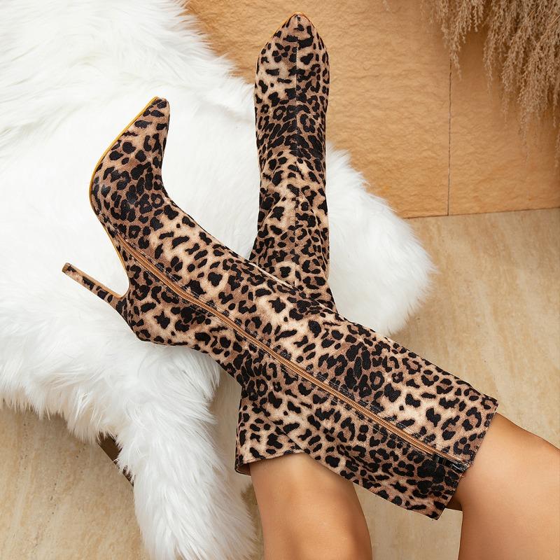 Women Knee-High Boots Pointed Toe Stiletto Heels Leopard Print Zipper Long Booties