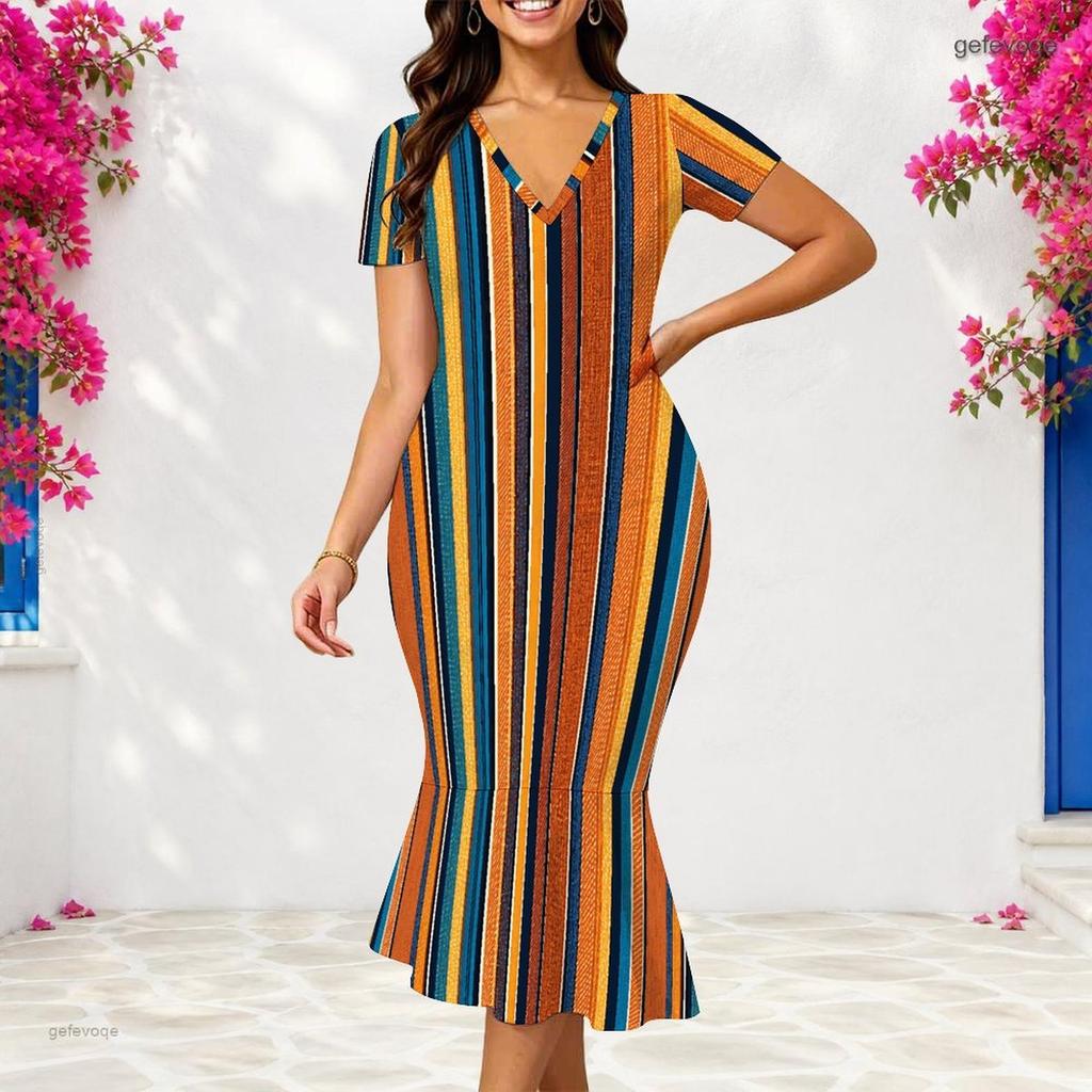 Women Plus Size V Neck Short Sleeve Plaid Printed Fitted Fishtail Midi Dress
