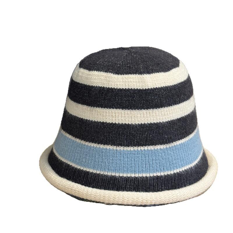 Autumn and Winter Contrasting Color Fisherman's Hat Children's Striped Splicing Knitted Hat Plain Face Washbasin Hat Wool Bucket Hat