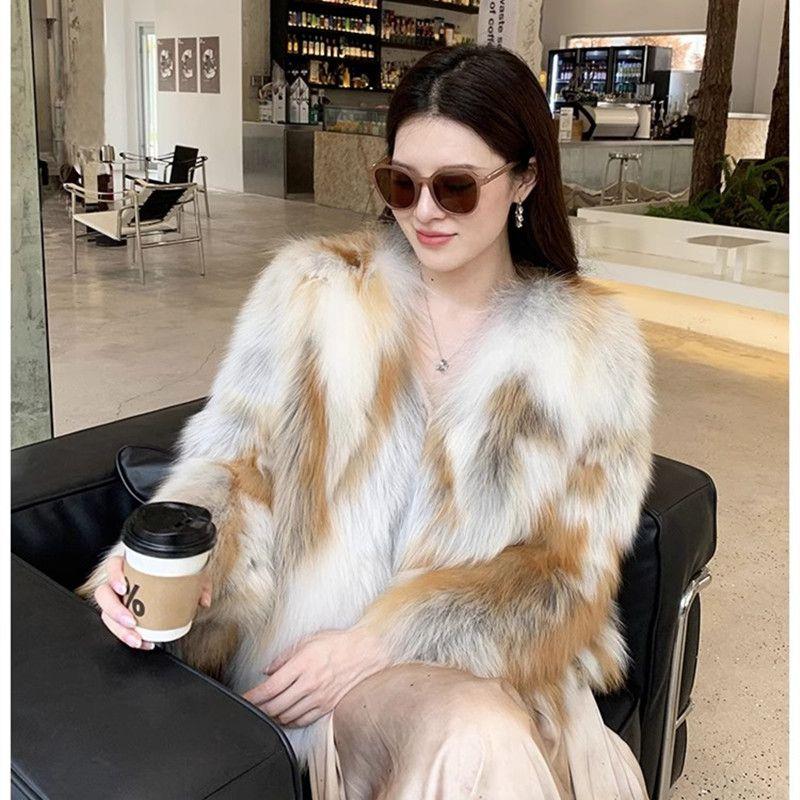 Nový zimní ekologický kabát z liščí kožešiny Top luxusní imitace kožešiny Sun Fox Celokožený kabát ze středně dlouhé kožešiny pro ženy