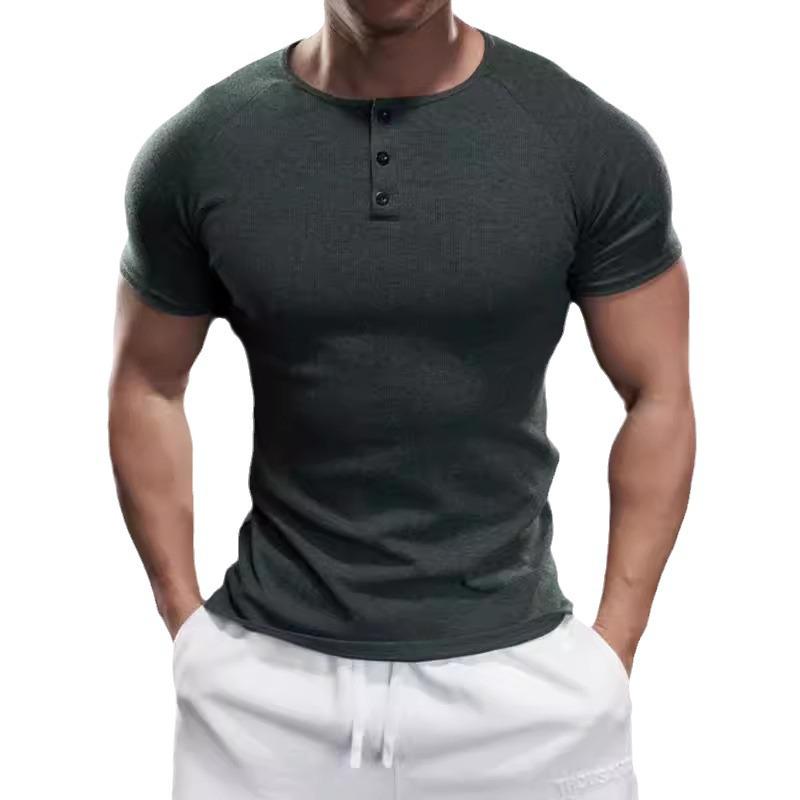 2024 Men's Semi-Tight Henley Fitness Shirt - Solid Color Striped Stretch Short Sleeve Athletic Top