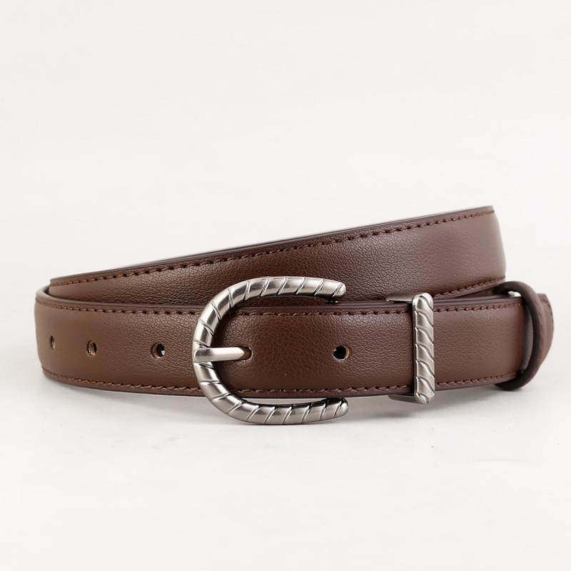 

Genuine Leather Ladies Belt Simple Silver Pin Closure Versatile Accessory For Casual темно-коричневого кольору