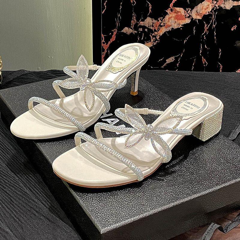2025 New Thin-heeled Butterfly Rhinestone Word with High-heeled Sandals Women's Summer Temperament Sexy Open-toed Slippers Outer Wear