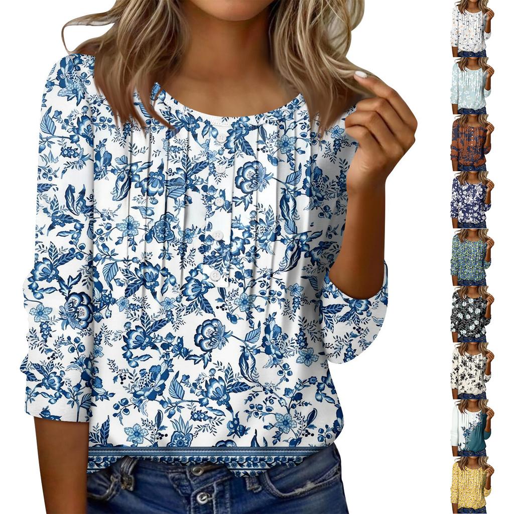 Women's Round Neck Pull Stripe Decorative Button Top Casual Solid Color 3/4 Sleeve T Shirt
