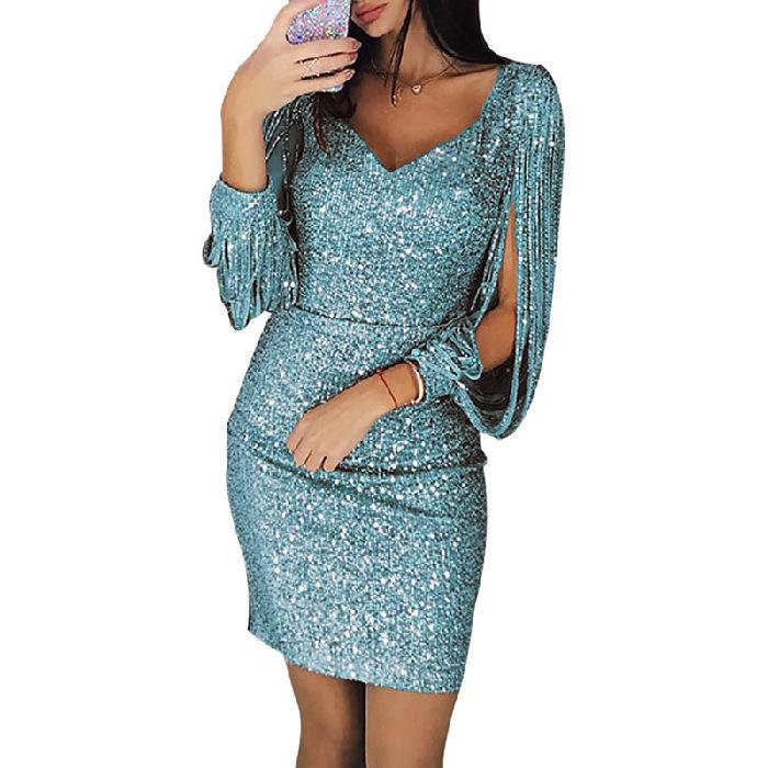 European & American Glam Sequin Tassel Long Sleeve Party Dress