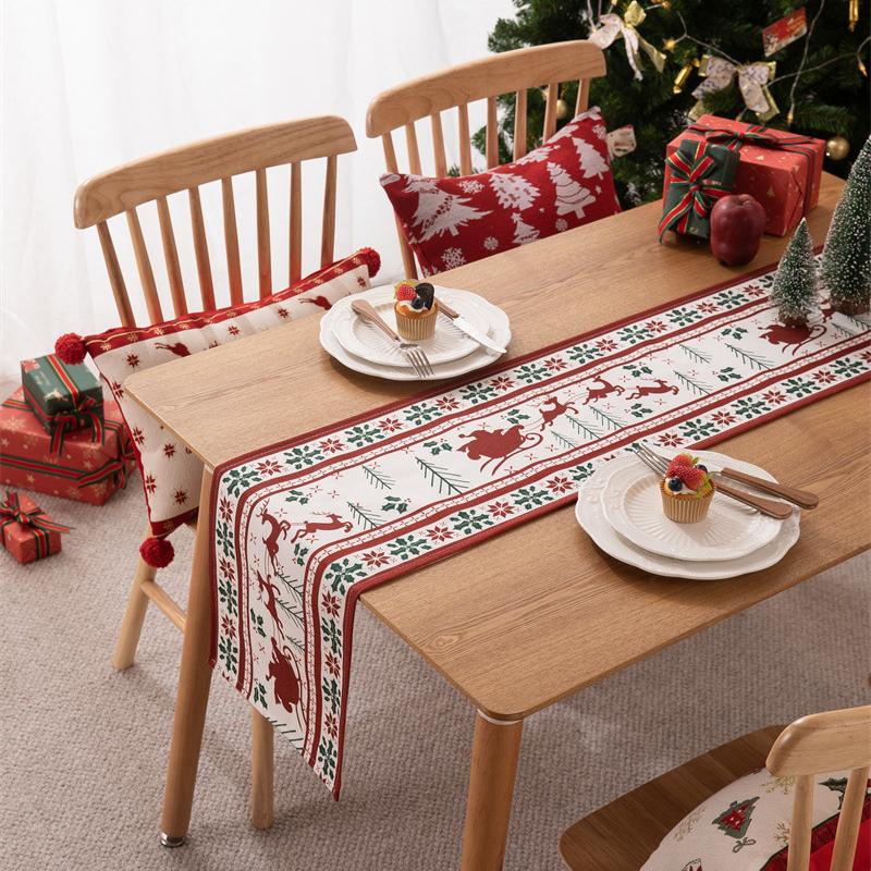 Printed Christmas Holiday Decoration Table Cloth Red Elk Snowflake Christmas Table Runner for 4/6/8/10 Seat