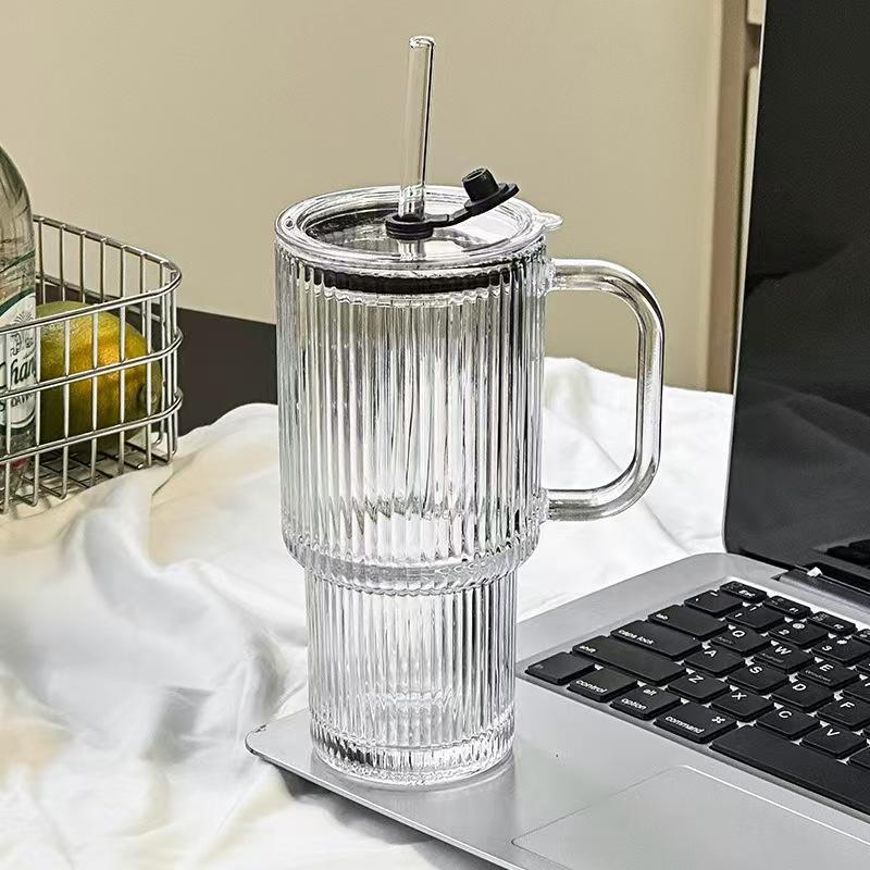 3-Piece Large Capacity Glass Cup Set, Durable Handle Straw Cup, Creative Vertical Stripe Design, Suitable for Iced Coffee 501-600ml