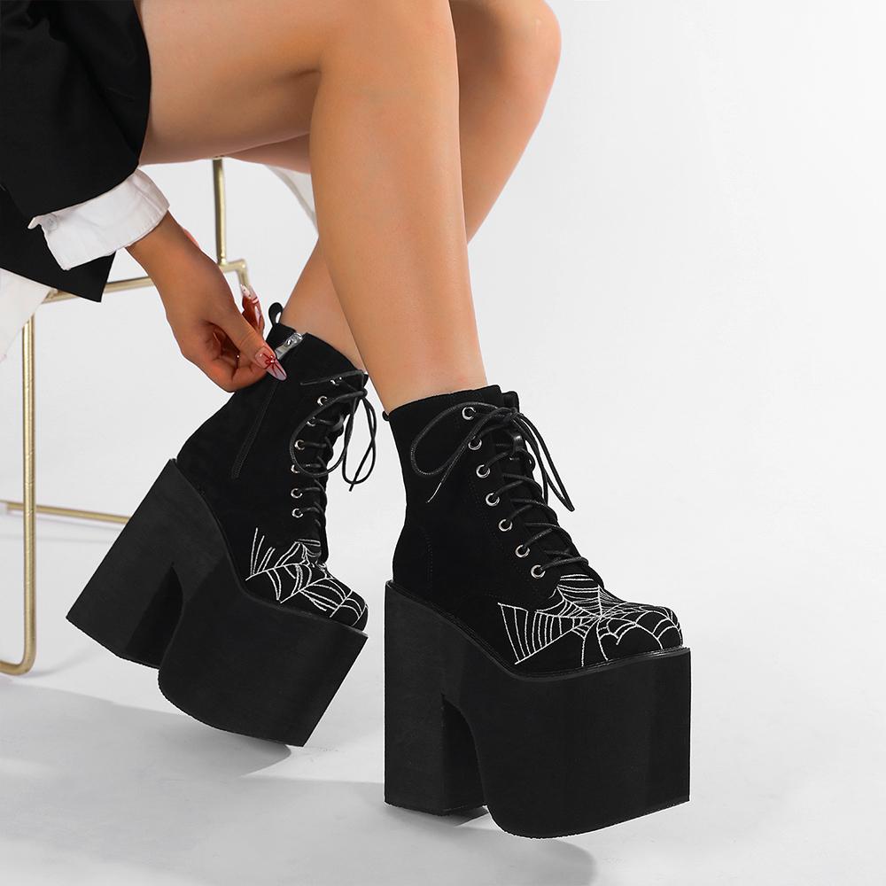 Fashion Shoes Cswo01 Women's Gdgydh Boots Goth Cobweb Embroidered Shoes High Heel Ankle Boots High Platform Quality Fashion Punk Chunky Heels Zipper Cm