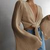 Elegant European Style Pleated Cardigan with Long Bell Sleeves and Lace-Up Chiffon Design