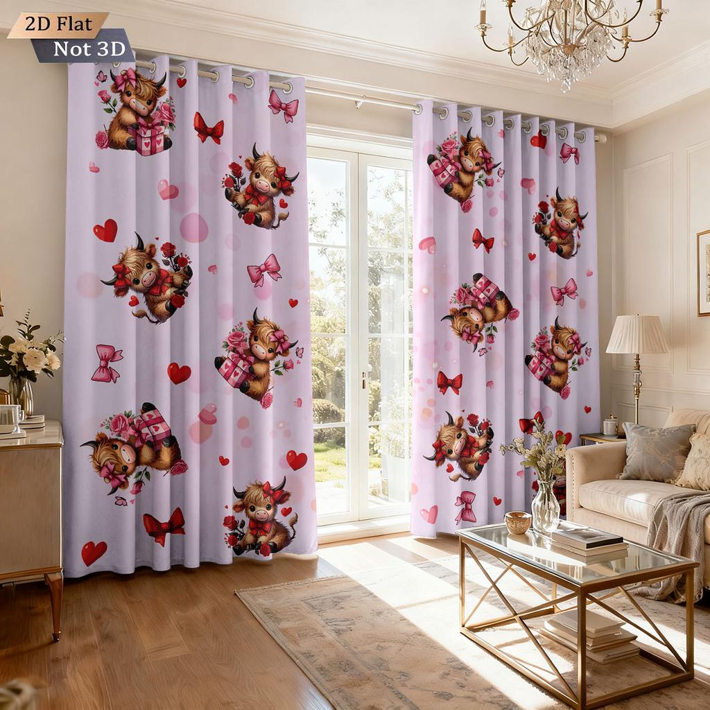 2pcs Valentine's Day Pink Romantic Highland Cow Print Punched Shade Curtain Multi Size Living Room Bedroom Insulation Decoration