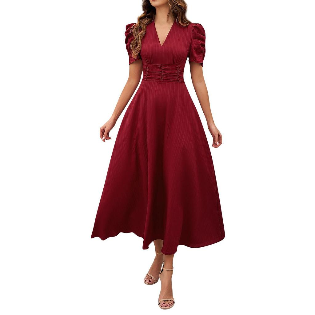 2026 Spring Summer Women's High Waist Solid Color Waist-Cinching Short Sleeve Dress