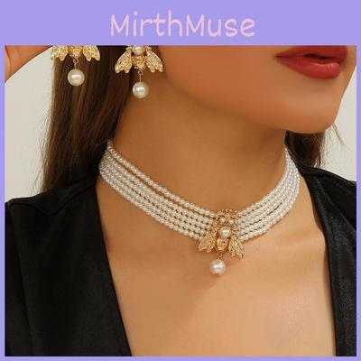 Pearl Animal Jewelry Set With Gold Small Bee Pendant And Earrings For Women