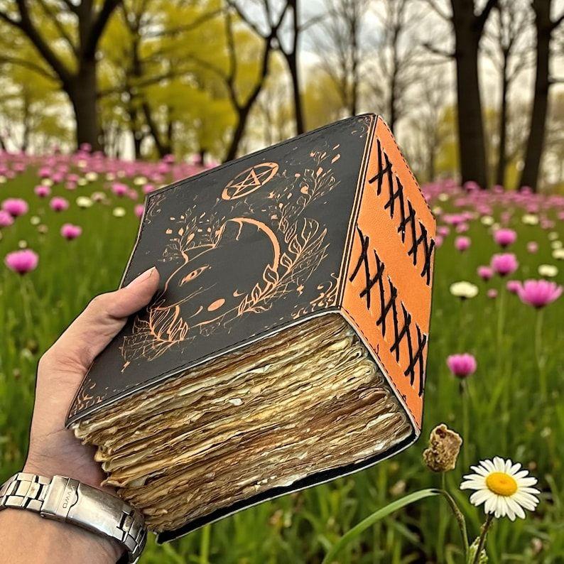 Grimoire Vintage Leather Journal, Celtic Cat Leather Journal, Blank Spell Book of Shadows Celestial Gifts For Him Her