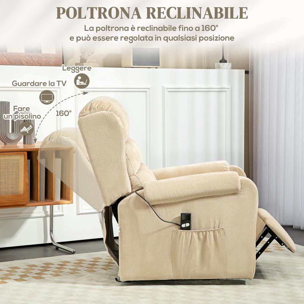Riser Recliner Armchair Reclining To 160 Degrees with Footrest and Remote Control, In Velvet, 85x88x109 Cm, Cream